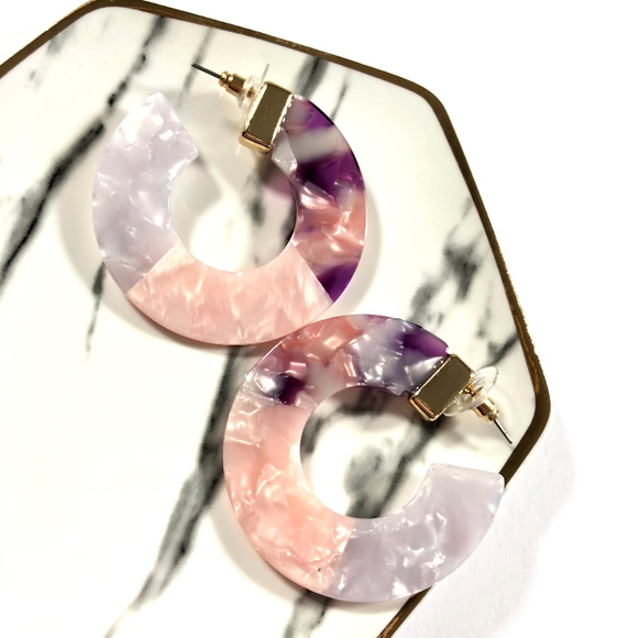 Cardi Pink Acrylic Purple Thick Circle Stud Hoop E - Picture 2 of 6